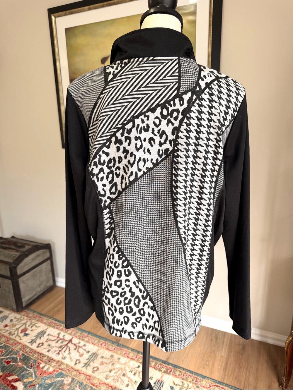 ONQUE Casuals Mixed Print Zip Jacket Leopard Houndstooth Black White - Picture 4 of 7